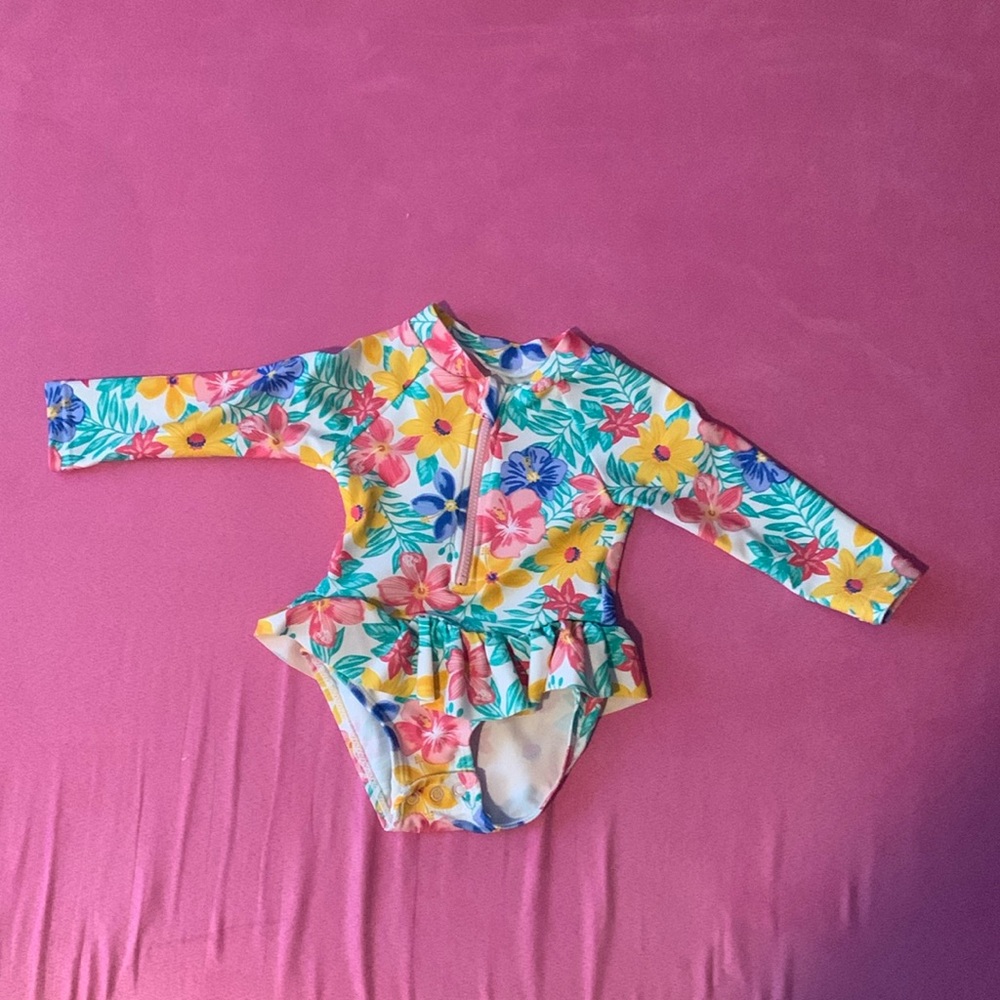 Little Me one piece flowered rashguard swimsuit